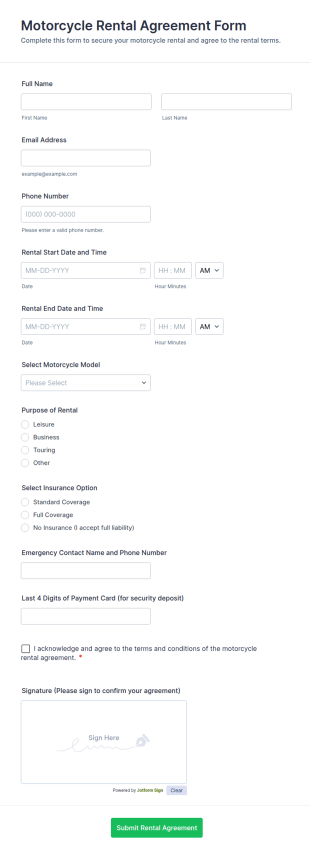 Motorcycle Rental Agreement Form Template