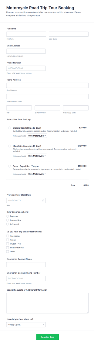 Motorcycle Road Trip Tour Booking Form Template