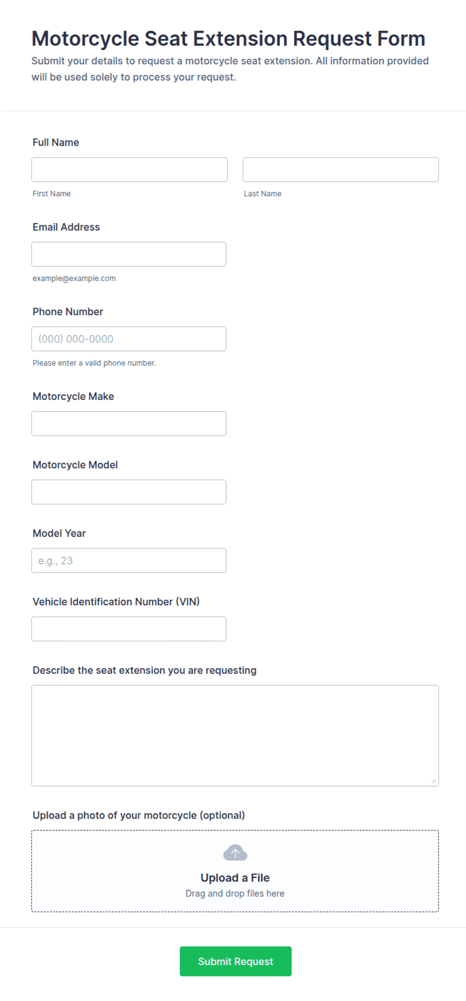Motorcycle Seat Extension Request Form Template | Jotform