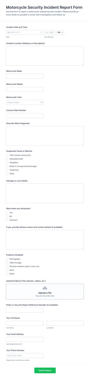 Motorcycle Security Incident Report Form Template