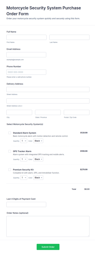 Motorcycle Security System Purchase Order Form Template