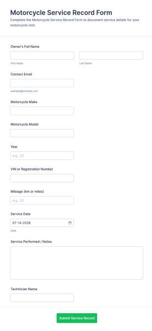 Motorcycle Service Record Form Template
