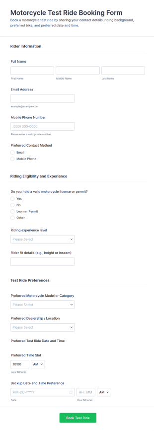 Motorcycle Test Ride Booking Form Template