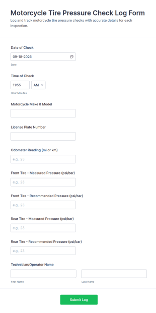 Motorcycle Tire Pressure Check Log Form Template