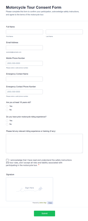 Motorcycle Tour Consent Form Template