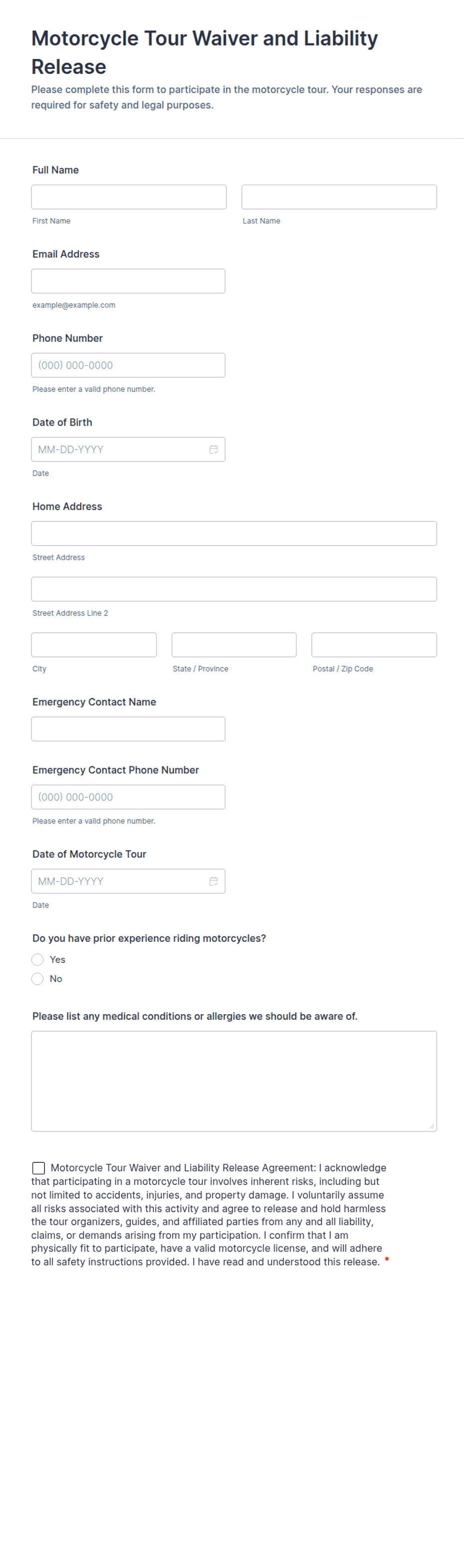 Motorcycle Tour Waiver and Liability Release Form Template | Jotform