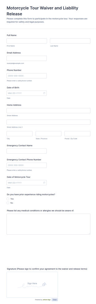 Motorcycle Tour Waiver And Liability Release Form Template