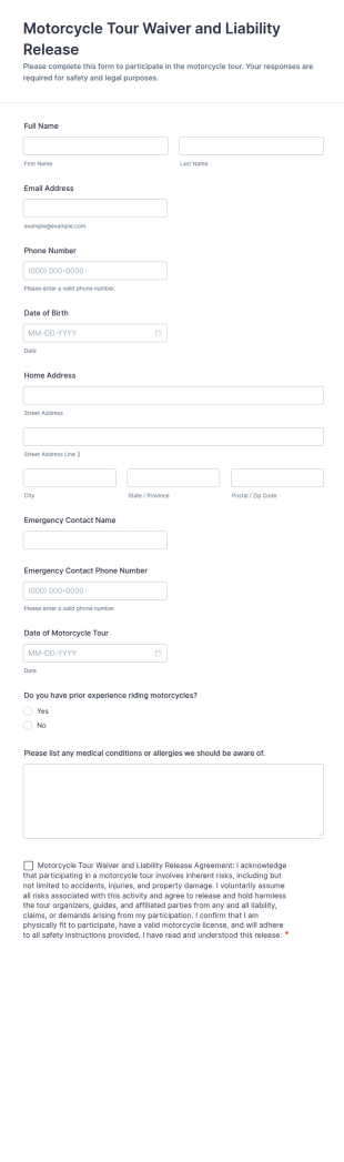 Motorcycle Tour Waiver And Liability Release Form Template