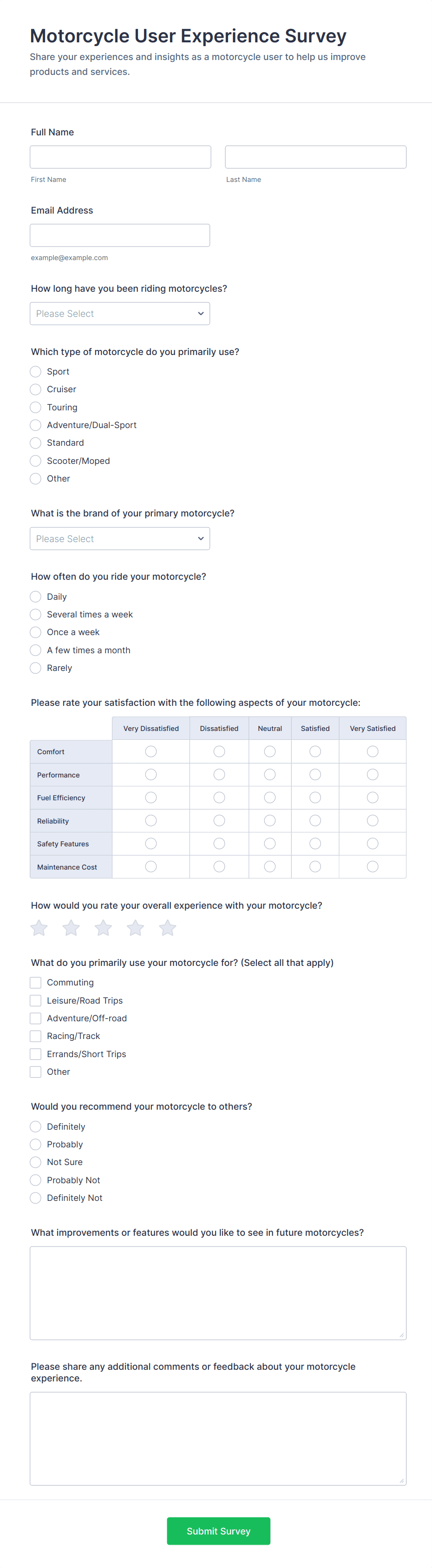 Motorcycle User Experience Survey Form Template | Jotform