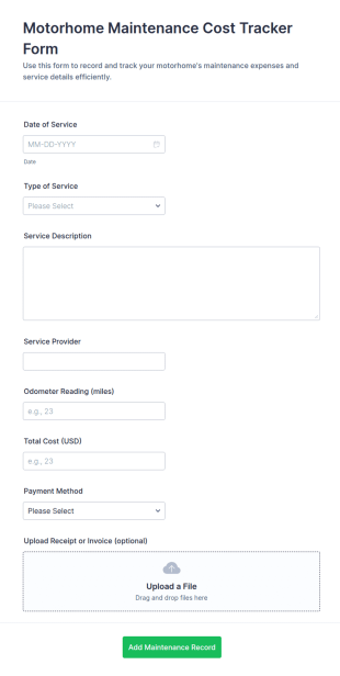 Motorhome Maintenance Cost Tracker Form Template