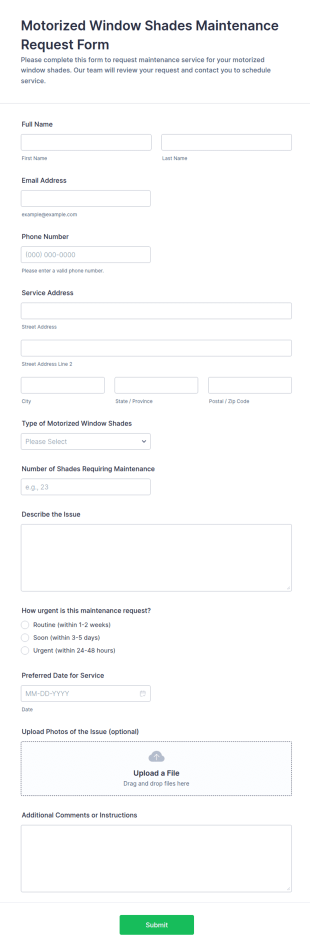 Motorized Window Shades Maintenance Request Form Template