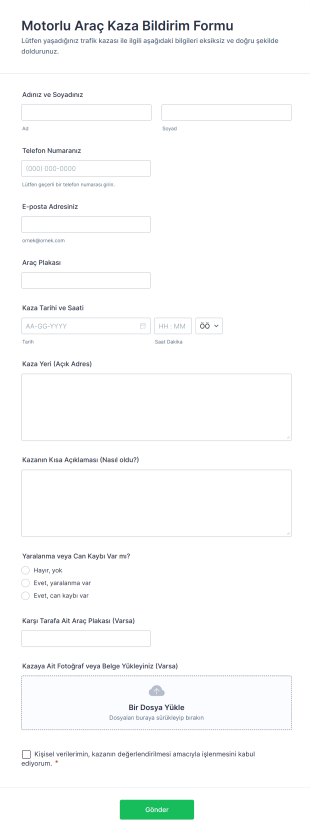 Motorlu Araç Kaza Bildirim Form Template