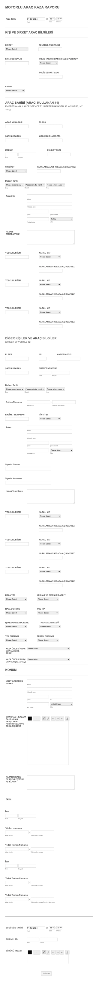 Motorlu Araç Kaza Raporu Form Template