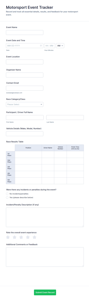 Motorsport Event Tracker Form Template