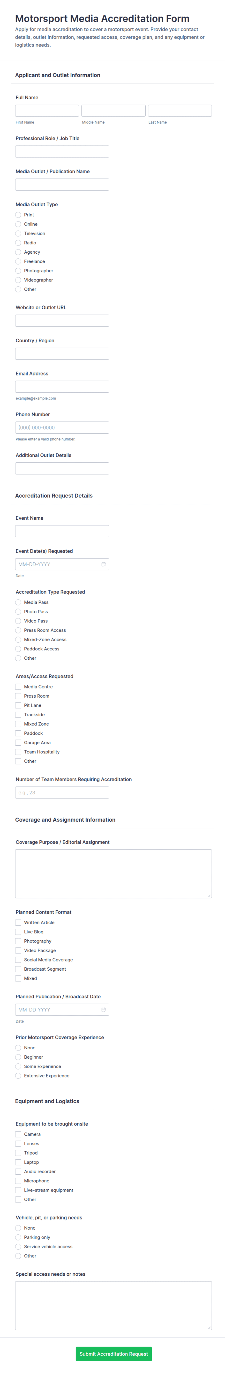 Motorsport Media Accreditation Form Template | Jotform