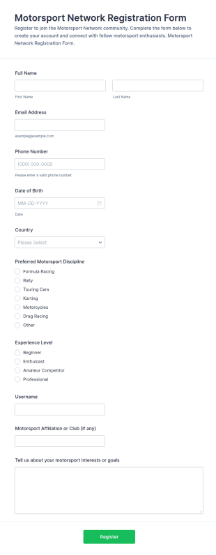 Motorsport Network Registration Form Template
