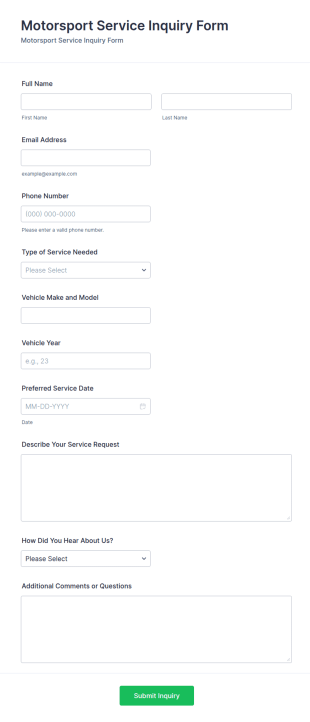 Motorsport Service Inquiry Form Template