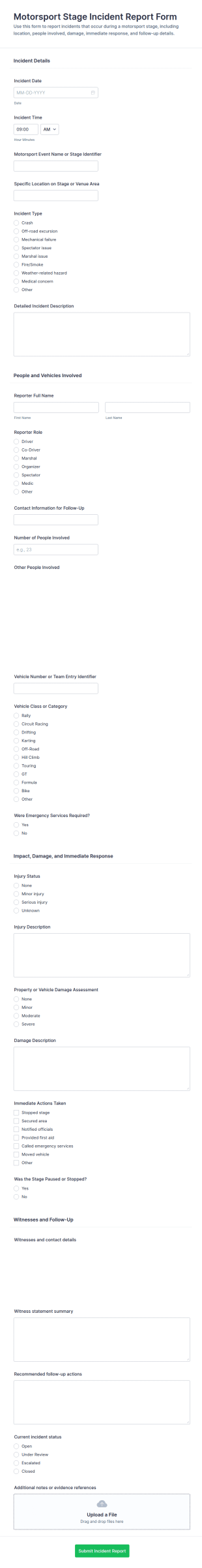 Motorsport Stage Incident Report Form Template