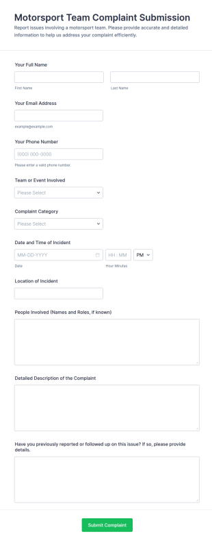 Motorsport Team Complaint Submission Form Template