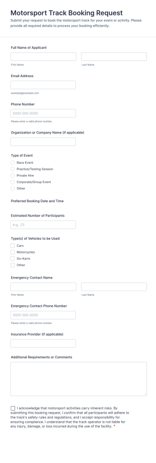 Motorsport Track Booking Request Form Template