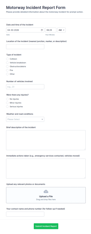 Motorway Incident Report Form Template