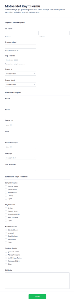 Motosiklet Kayıt Form Şablonu
