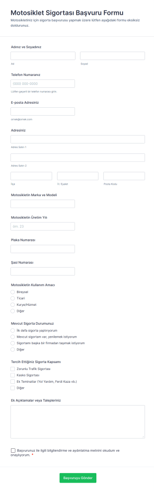 Motosiklet Sigortası Başvuru Form Şablonu
