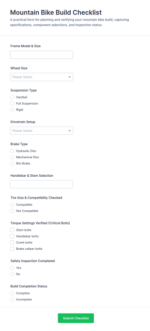 Mountain Bike Build Checklist Form Template
