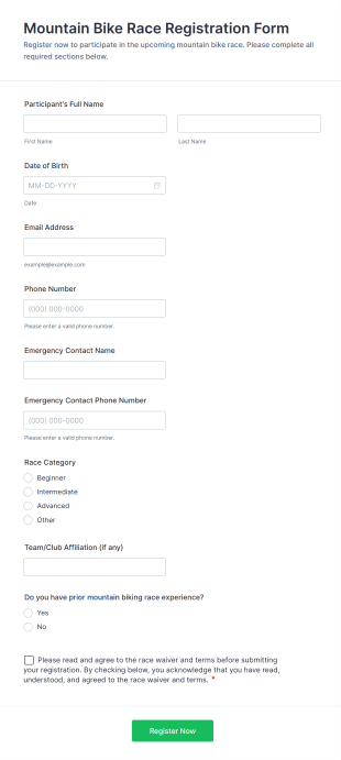 Mountain Bike Race Registration Form Template