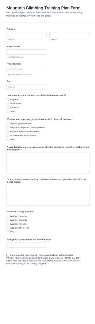 Mountain Climbing Training Plan Form Template