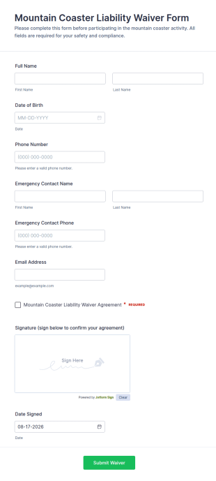 Mountain Coaster Liability Waiver Form Template
