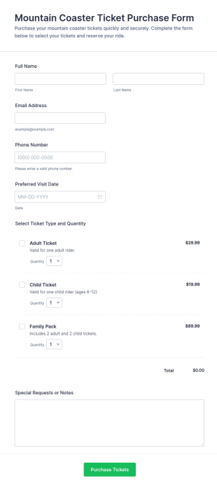 Mountain Coaster Ticket Purchase Form Template