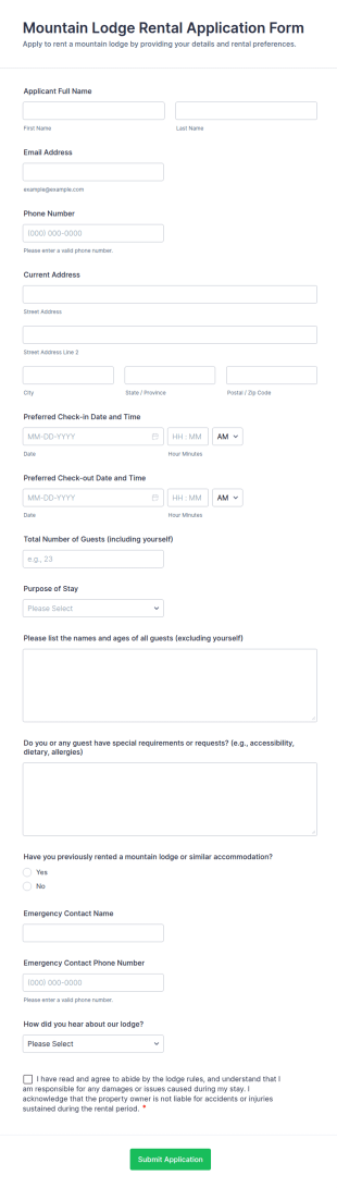 Mountain Lodge Rental Application Form Template