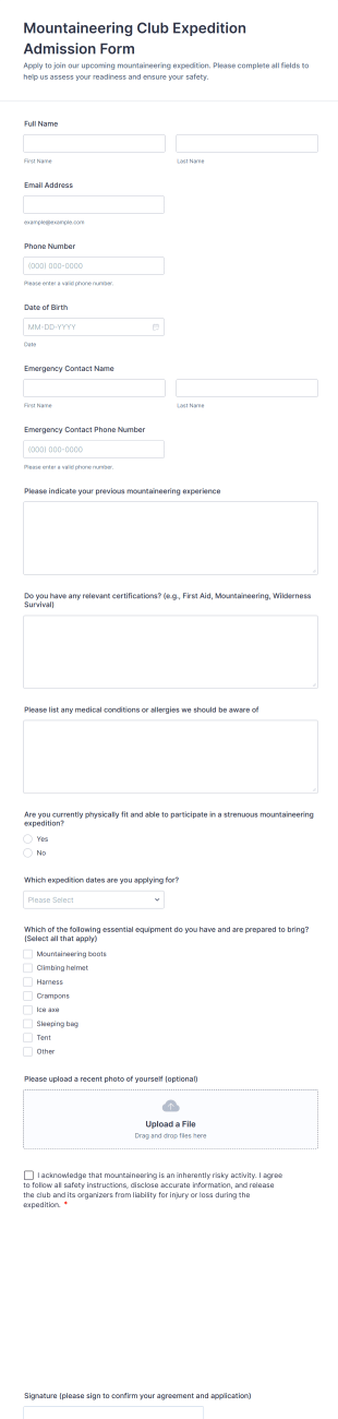 Mountaineering Club Expedition Admission Form Template