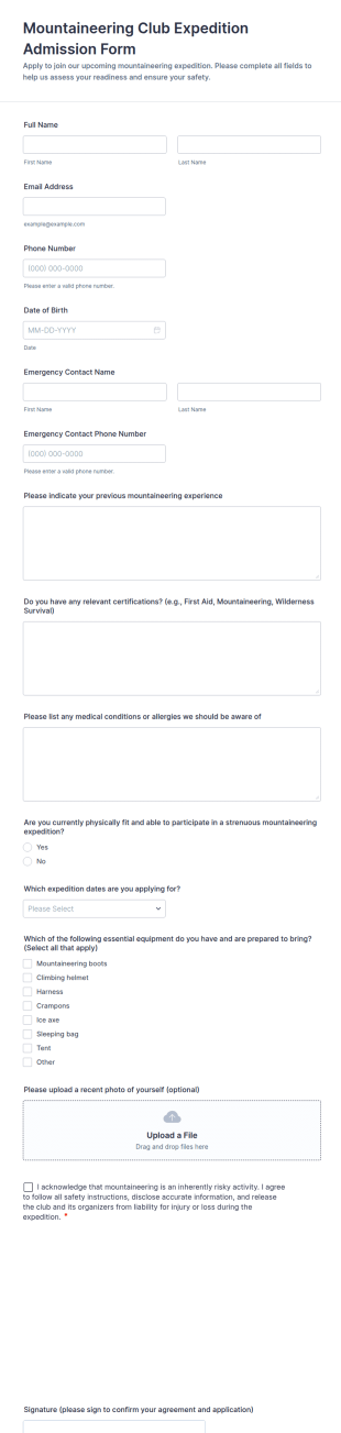 Mountaineering Club Expedition Admission Form Template