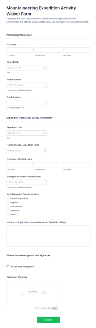 Mountaineering Expedition Activity Waiver Form Template