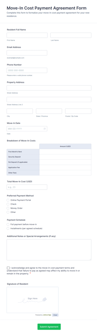 Move In Cost Payment Agreement Form Template