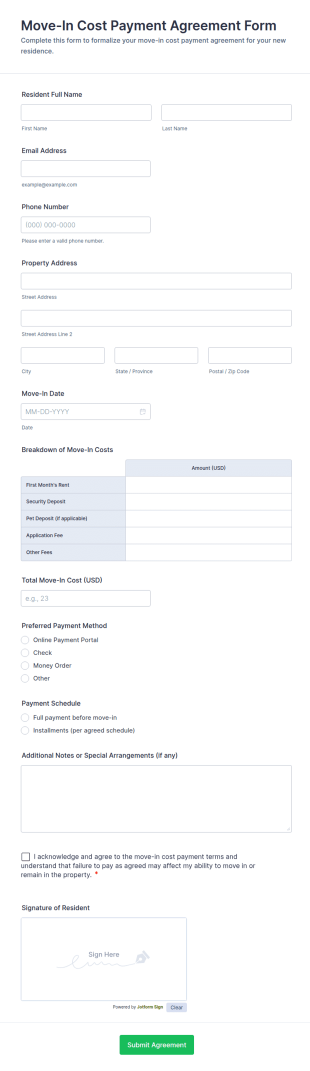 Move In Cost Payment Agreement Form Template