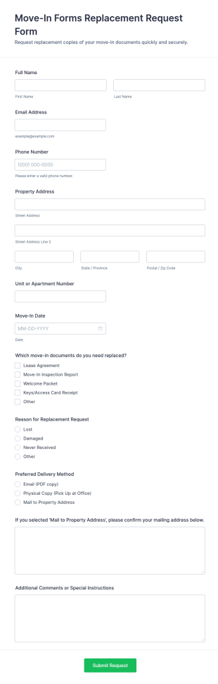 Move In Forms Replacement Request Form Template