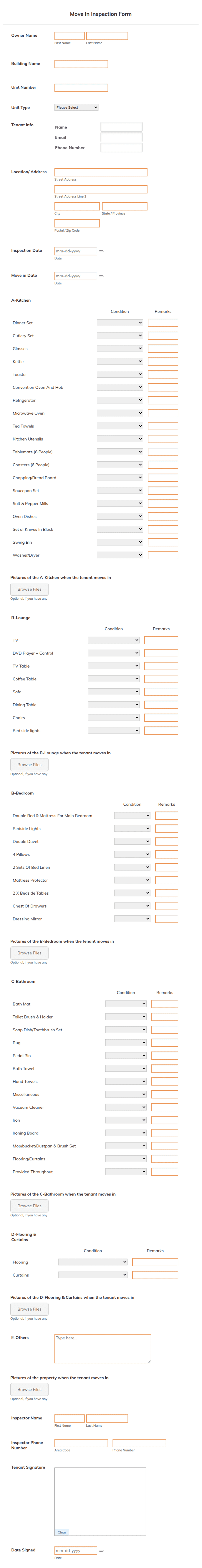 Move In Inspection Form holiday homes | Jotform