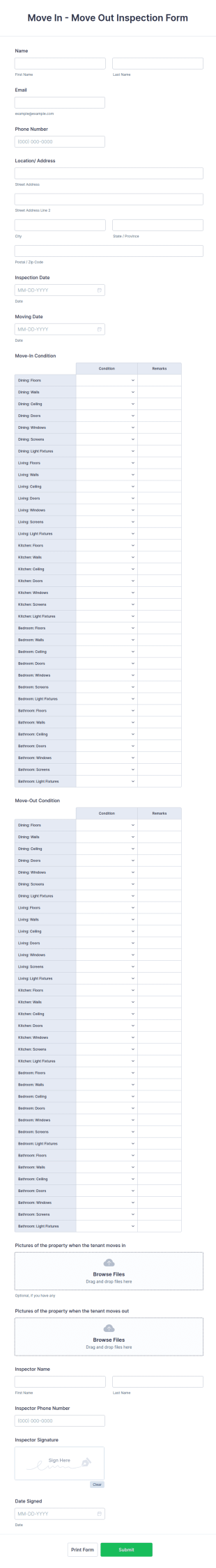 Move In Move Out Inspection Form Template
