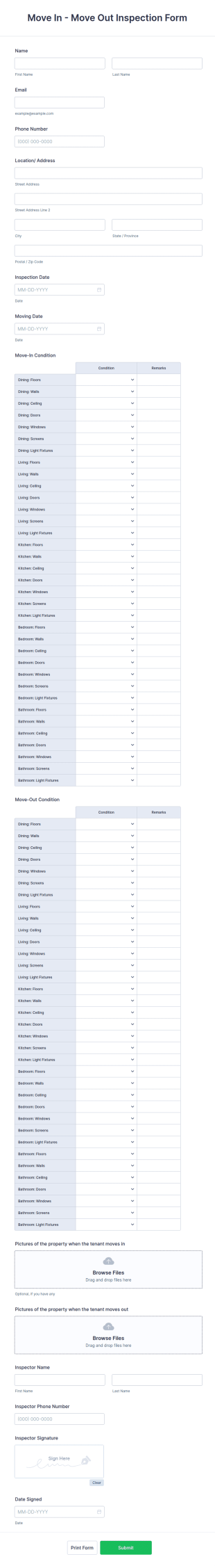 Move In Move Out Inspection Form Template