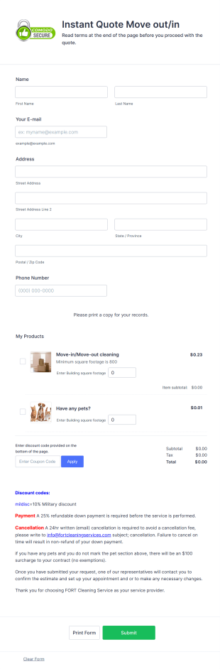Move Out And In Instant Quote Request Form Template