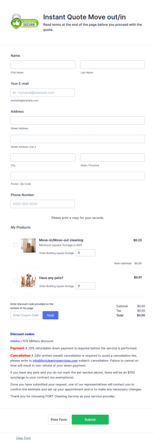 Move Out And In Instant Quote Request Form Template