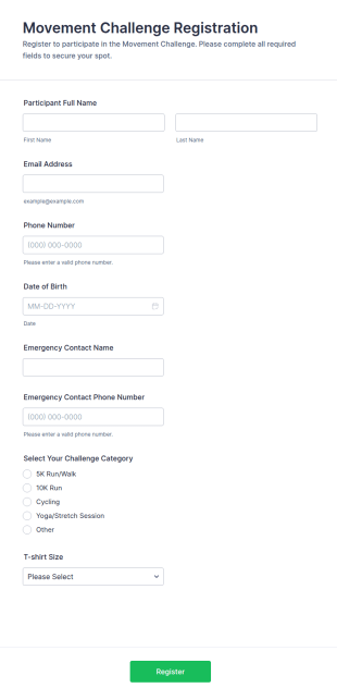 Movement Challenge Registration Form Template