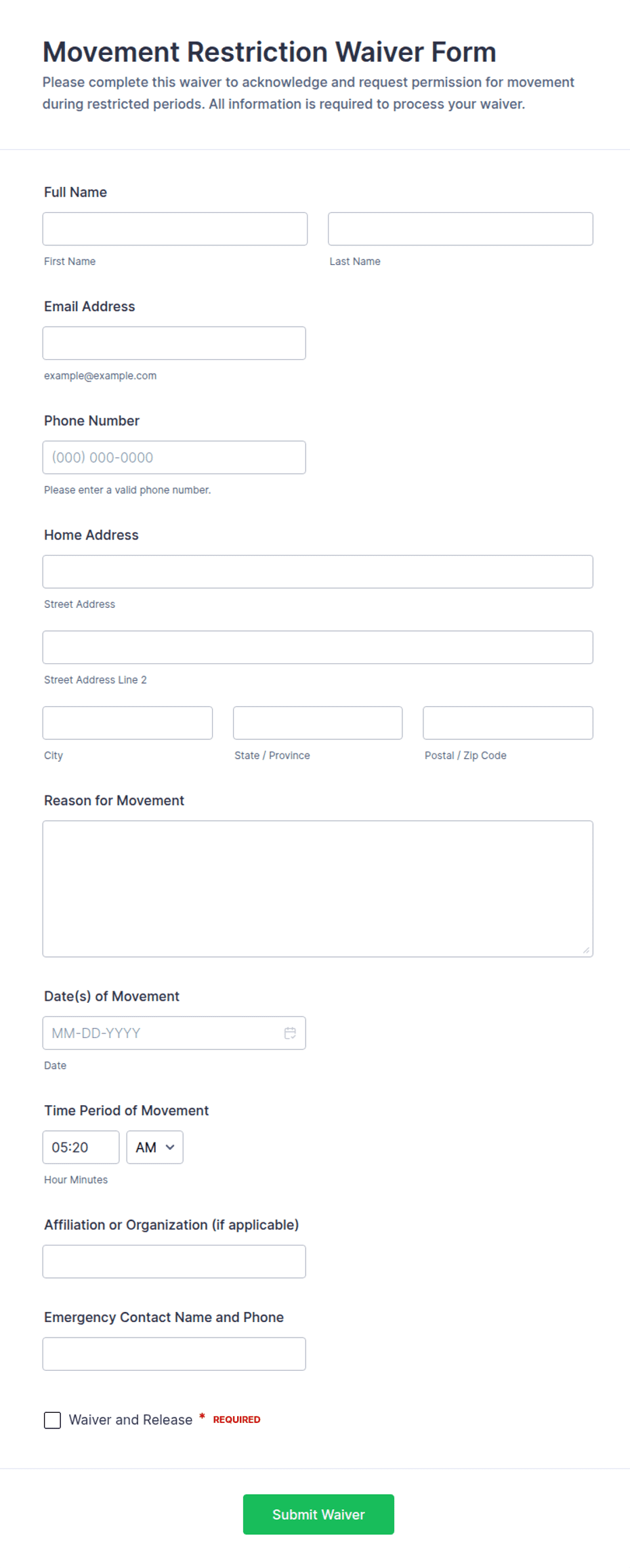 Movement Restriction Waiver Form Template | Jotform