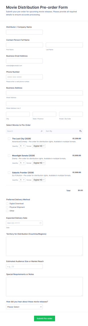 Movie Distribution Pre Order Form Template
