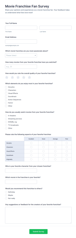 Movie Franchise Fan Survey Form Template