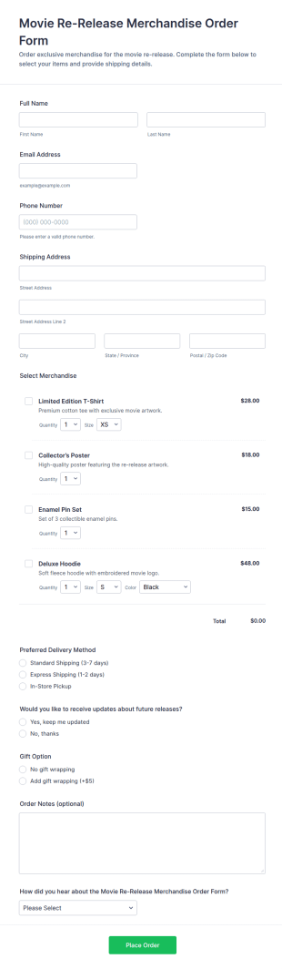 Movie Re Release Merchandise Order Form Template