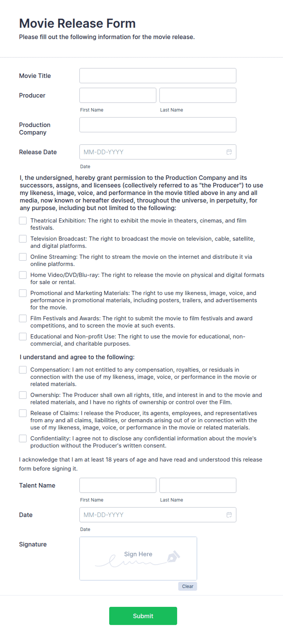 Movie Release Form Template | Jotform